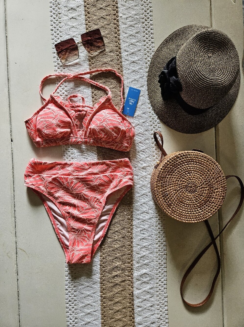NWT Cupshe Coral Floral Embroidered Bikini Set Size XS